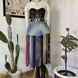Upcycled Maxi Tie Skirt • Denim Waist • Statement Boho Patchwork Skirt
